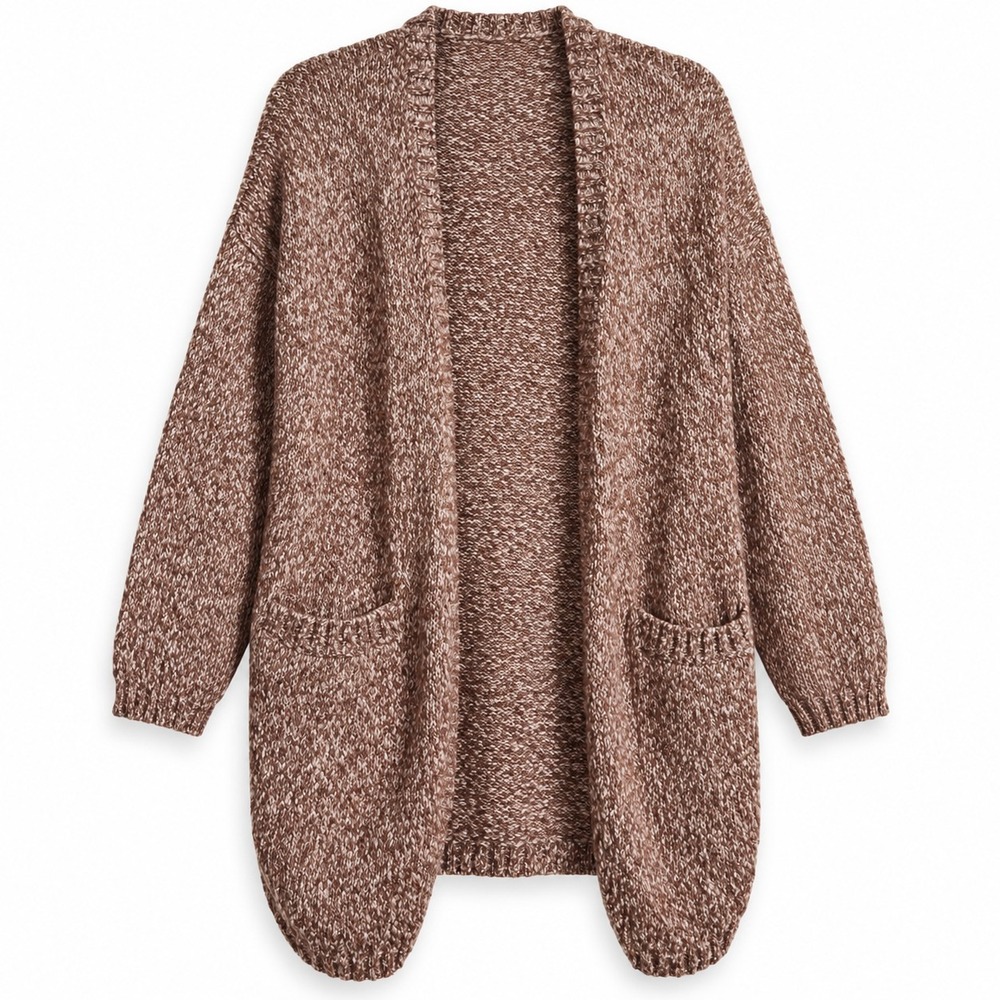 Ruby Moon Cardigan M Brown Cream Marled Chunky Knit Boho Longline Sweater Pocket